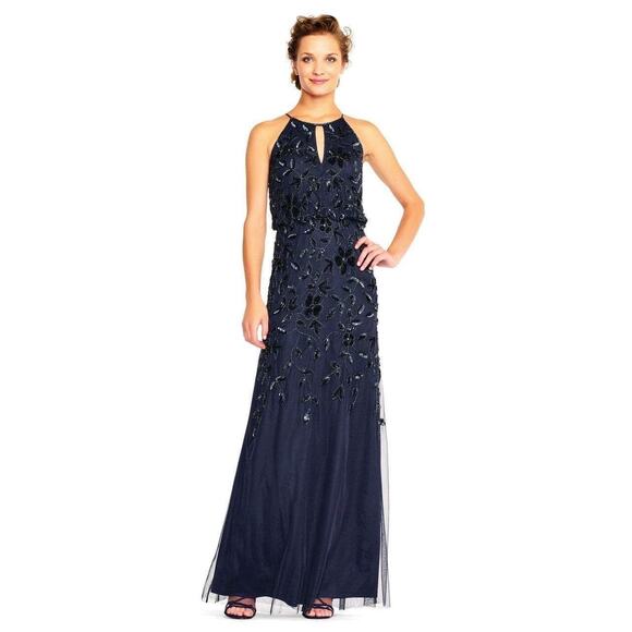 NWT Adrianna Papell Navy Twilight Floral Beaded Halter Floor Length Dress Sz 10 - Picture 1 of 13